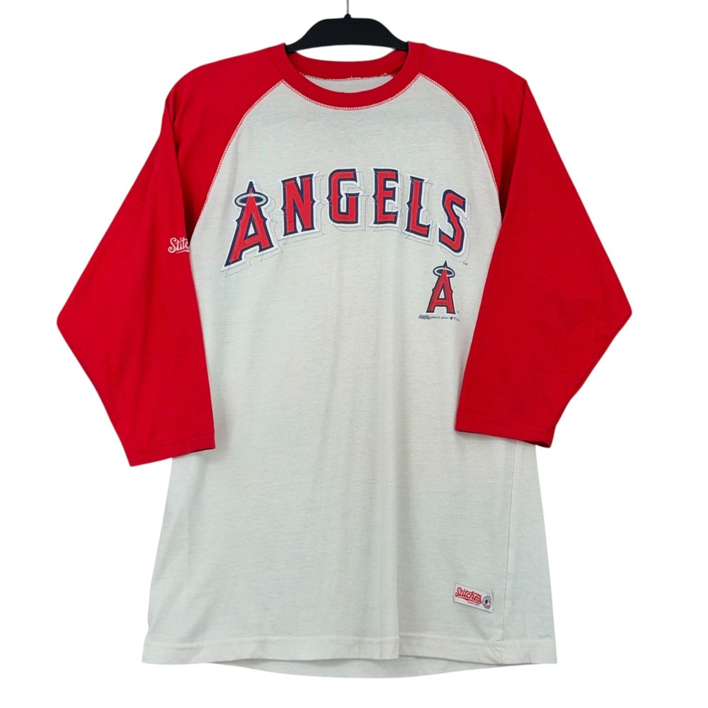 Stitches Los Angeles Angels Baseball T-Shirt Mens Small Red Cream Raglan 3/4 MLB